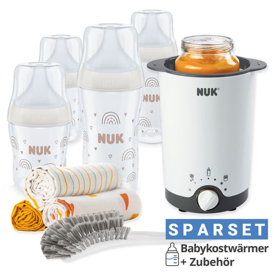 Nuk Premium starter set 9 pieces - Baby food warmer + 4 PP bottles Perfect Match + 1 bottle brush + 3 burp cloths - Rainbow - White