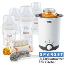 Premium starter set 9 pieces - Baby food warmer + 4 PP bottles Perfect Match + 1 bottle brush + 3 burp cloths - Rainbow - White