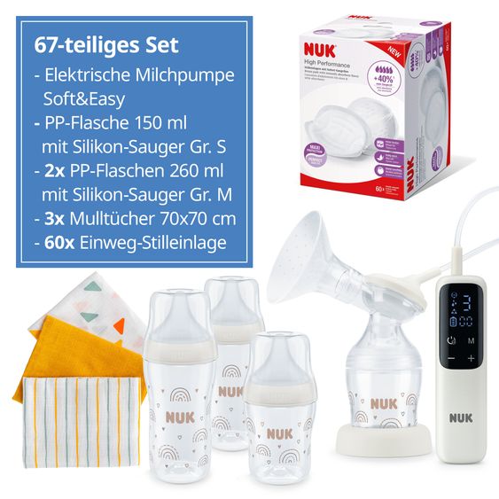 Nuk Premium Still-Set Deluxe 67-tlg. - elektr. Milchpumpe Soft&Easy + 3 PP-Flaschen Perfect Match + 60 Stilleinlagen + 3 Spucktücher - Regenbogen - Weiß