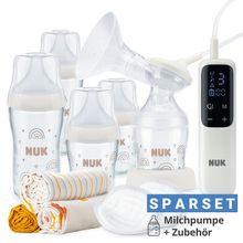 Premium Still-Set Deluxe 68-tlg. - elektr. Milchpumpe Soft&Easy + 4 Glas-Flaschen Perfect Match + 60 Stilleinlagen + 3 Spucktücher - Regenbogen - Weiß