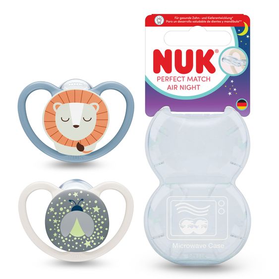 Nuk Pacifier 2-Pack Perfect Match Air Night - Silicone - Lion / Glowworm - Size: 0-6 M