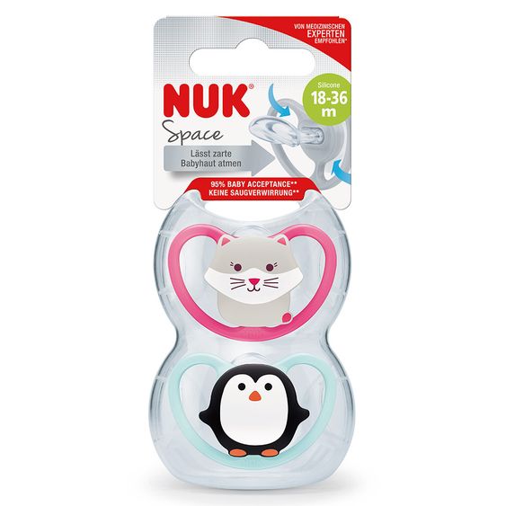 Nuk Schnuller 2er Pack Space - Silikon 18-36 M - Katze & Pinguin