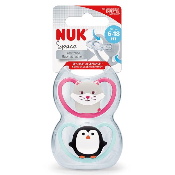 Nuk Schnuller 2er Pack Space - Silikon 6-18 M - Katze & Pinguin