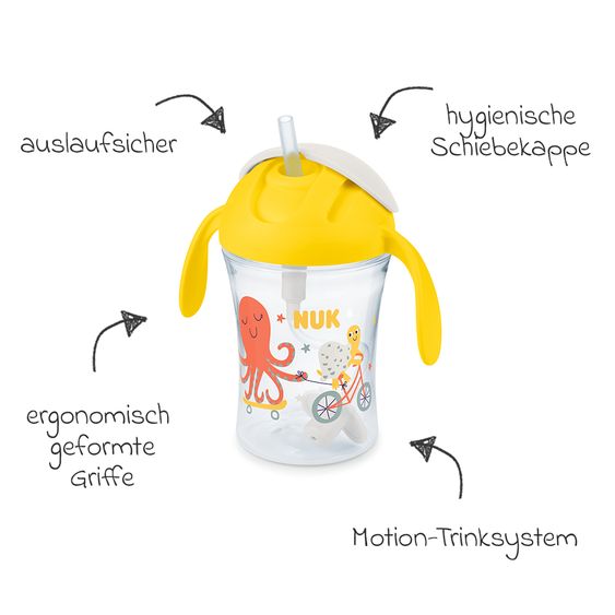 Nuk Trinklern-Becher Motion Cup 230 ml - mit weichem Strohhalm - Gelb