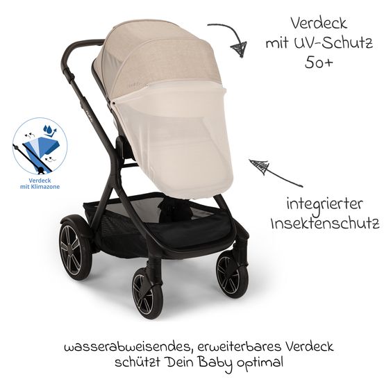 Nuna 2in1 baby carriage set DEMI next up to 22 kg with carrycot, adapter, raincover & play animal - Biscotti