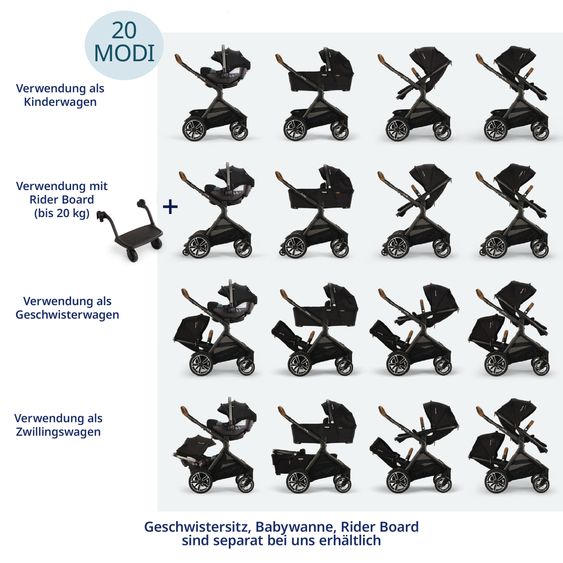 Nuna 2in1 Kombi-Kinderwagen-Set DEMI next bis 22 kg mit Babywanne, Adapter, Regenschutz & Spieltier - Caviar