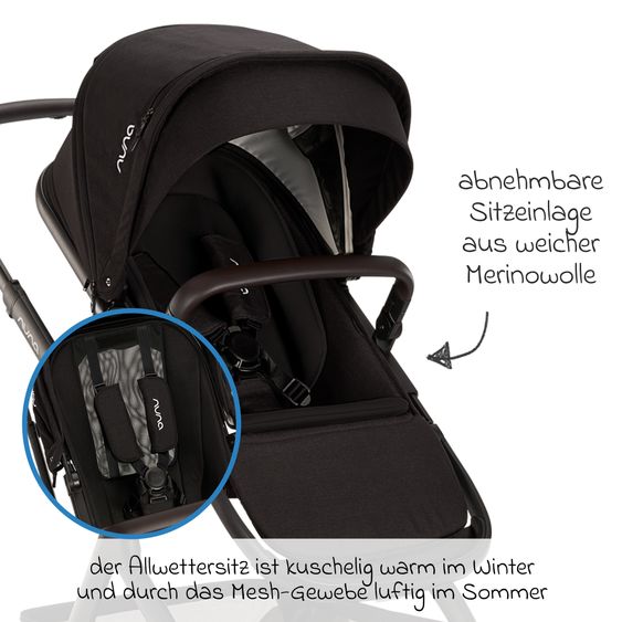Nuna 2in1 Kombi-Kinderwagen-Set DEMI next bis 22 kg mit Babywanne, Adapter, Regenschutz & Spieltier - Caviar