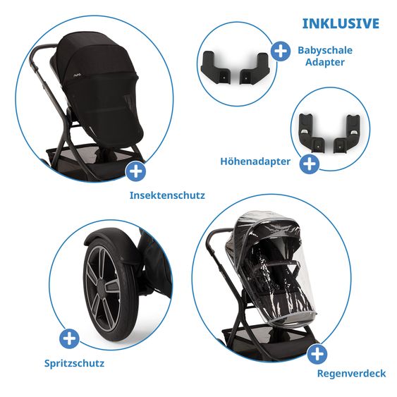 Nuna 2in1 Kombi-Kinderwagen-Set DEMI next bis 22 kg mit Babywanne, Adapter, Regenschutz & Spieltier - Caviar