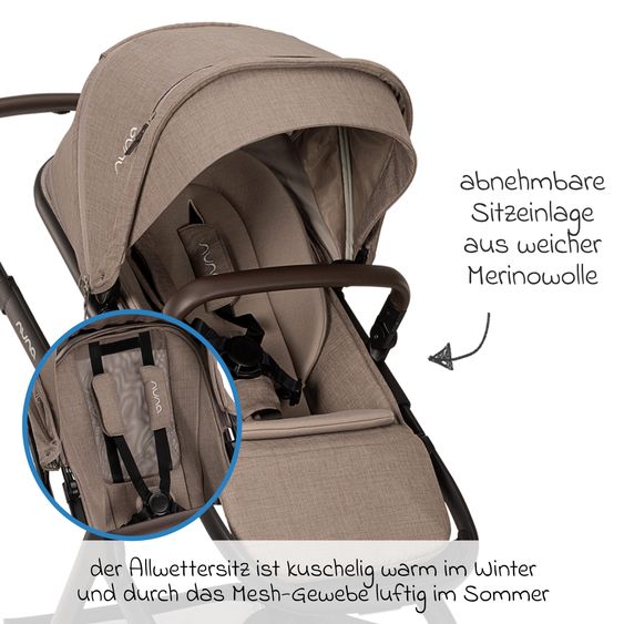 Nuna 2in1 Kombi-Kinderwagen-Set DEMI next bis 22 kg mit Babywanne, Adapter, Regenschutz & Spieltier - Cedar