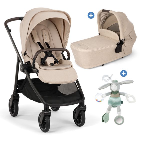 Nuna 2in1 Kombi-Kinderwagen-Set SWIV bis 22 kg mit Babywanne, Adapter, Transporttasche, Getränkehalter, Regenschutz & Spieltier - Biscotti