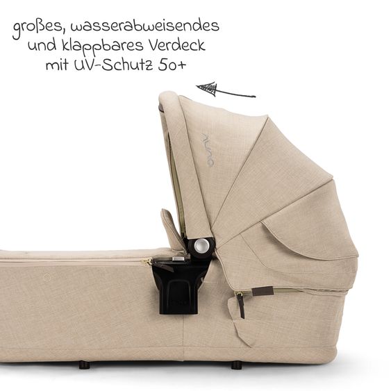 Nuna 2in1 Kombi-Kinderwagen-Set SWIV bis 22 kg mit Babywanne, Adapter, Transporttasche, Getränkehalter, Regenschutz & Spieltier - Biscotti