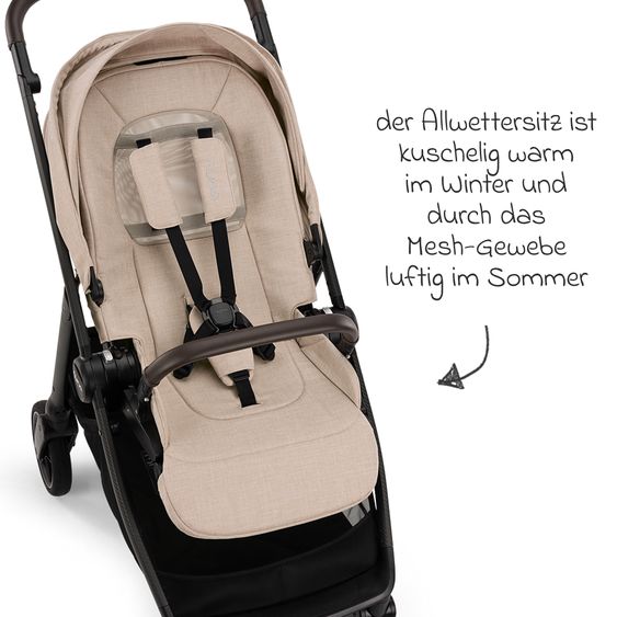 Nuna 2in1 Kombi-Kinderwagen-Set SWIV bis 22 kg mit Babywanne, Adapter, Transporttasche, Getränkehalter, Regenschutz & Spieltier - Biscotti