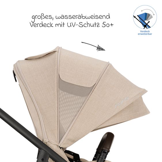 Nuna 2in1 Kombi-Kinderwagen-Set SWIV bis 22 kg mit Babywanne, Adapter, Transporttasche, Getränkehalter, Regenschutz & Spieltier - Biscotti