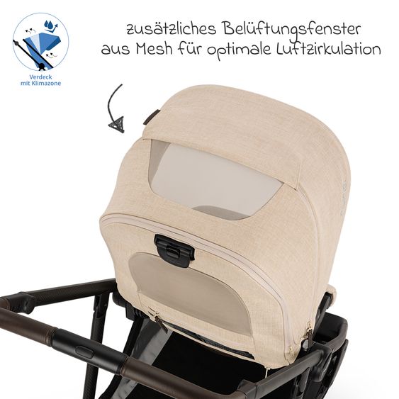 Nuna 2in1 Kombi-Kinderwagen-Set SWIV bis 22 kg mit Babywanne, Adapter, Transporttasche, Getränkehalter, Regenschutz & Spieltier - Biscotti