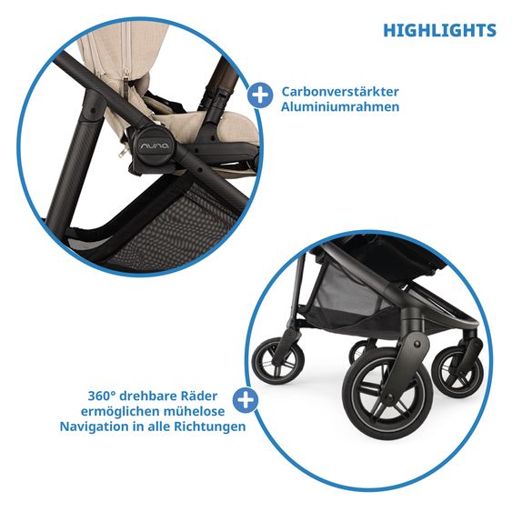 Nuna 2in1 Kombi-Kinderwagen-Set SWIV bis 22 kg mit Babywanne, Adapter, Transporttasche, Getränkehalter, Regenschutz & Spieltier - Biscotti