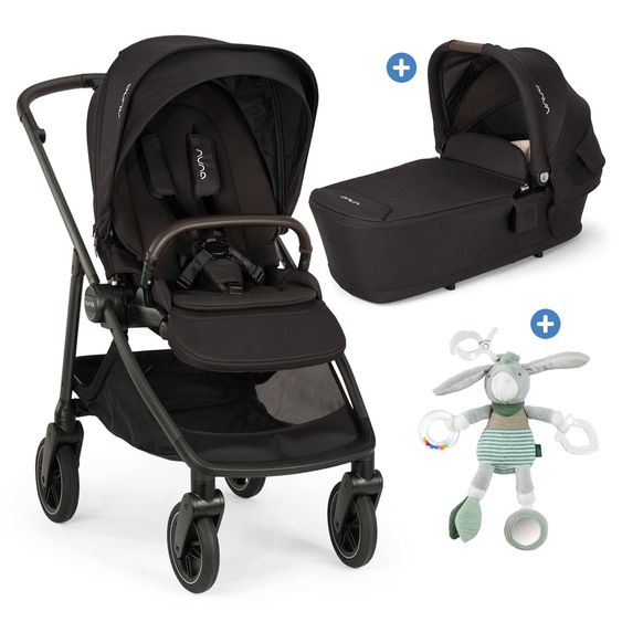 Nuna 2in1 Kombi-Kinderwagen-Set SWIV bis 22 kg mit Babywanne, Adapter, Transporttasche, Getränkehalter, Regenschutz & Spieltier - Caviar