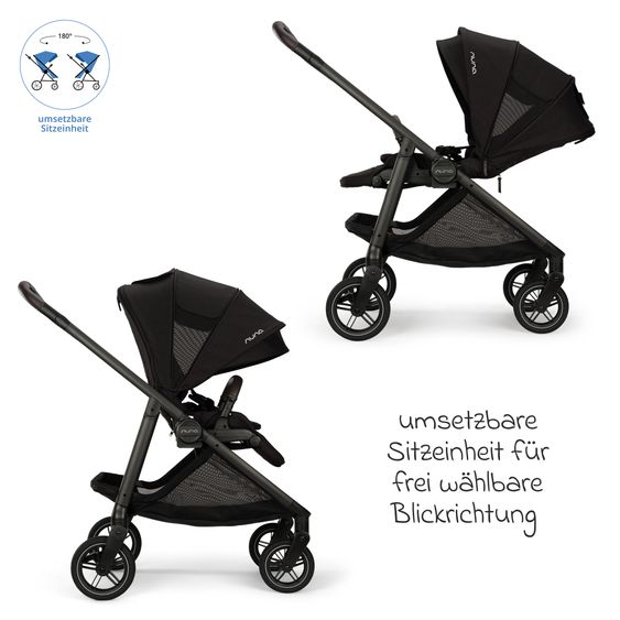 Nuna 2in1 Kombi-Kinderwagen-Set SWIV bis 22 kg mit Babywanne, Adapter, Transporttasche, Getränkehalter, Regenschutz & Spieltier - Caviar