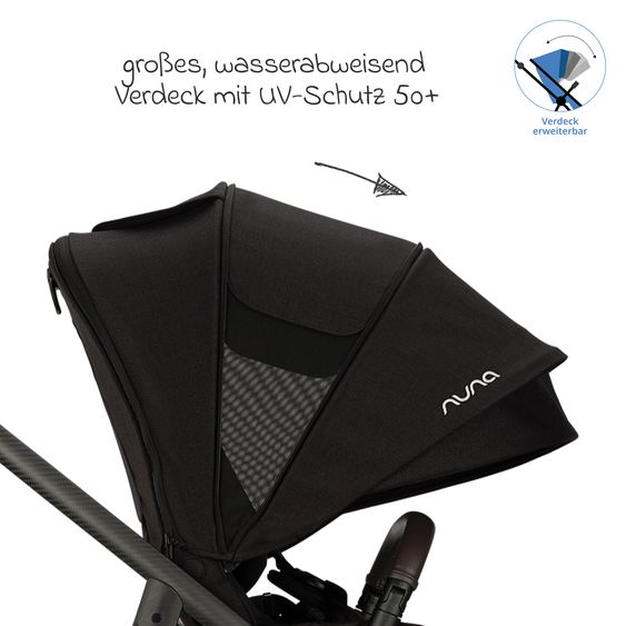 Nuna 2in1 Kombi-Kinderwagen-Set SWIV bis 22 kg mit Babywanne, Adapter, Transporttasche, Getränkehalter, Regenschutz & Spieltier - Caviar