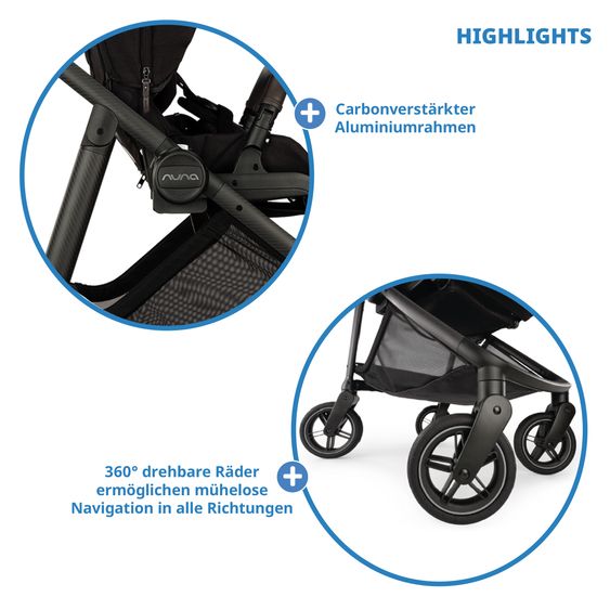 Nuna 2in1 Kombi-Kinderwagen-Set SWIV bis 22 kg mit Babywanne, Adapter, Transporttasche, Getränkehalter, Regenschutz & Spieltier - Caviar