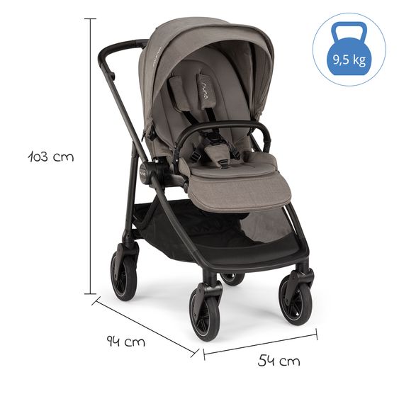 Nuna 2in1 Kombi-Kinderwagen-Set SWIV bis 22 kg mit Babywanne, Adapter, Transporttasche, Getränkehalter, Regenschutz & Spieltier - Granite