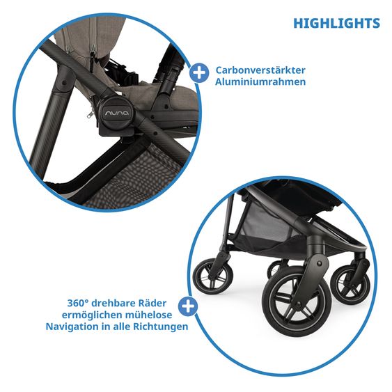 Nuna 2in1 Kombi-Kinderwagen-Set SWIV bis 22 kg mit Babywanne, Adapter, Transporttasche, Getränkehalter, Regenschutz & Spieltier - Granite