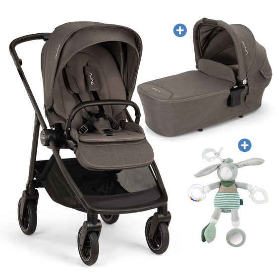 Nuna 2in1 Kombi-Kinderwagen-Set SWIV bis 22 kg mit Babywanne, Adapter, Transporttasche, Getränkehalter, Regenschutz & Spieltier - Thunder