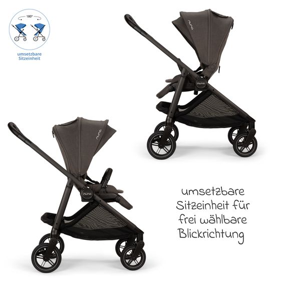Nuna 2in1 Kombi-Kinderwagen-Set SWIV bis 22 kg mit Babywanne, Adapter, Transporttasche, Getränkehalter, Regenschutz & Spieltier - Thunder