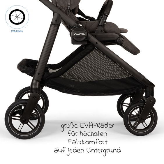 Nuna 2in1 Kombi-Kinderwagen-Set SWIV bis 22 kg mit Babywanne, Adapter, Transporttasche, Getränkehalter, Regenschutz & Spieltier - Thunder