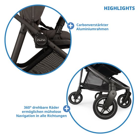 Nuna 2in1 Kombi-Kinderwagen-Set SWIV bis 22 kg mit Babywanne, Adapter, Transporttasche, Getränkehalter, Regenschutz & Spieltier - Thunder