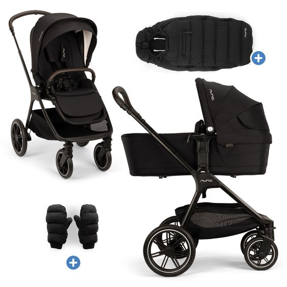 Nuna 2in1 Kombi-Kinderwagen-Set Triv Lx All-in-One-Set bis 22 kg mit Baybwanne, Teleskopschieber, Regenschutz, Adapter, Fußsack & Handschuhe - Caviar