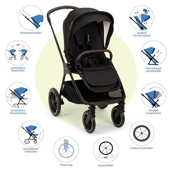 Nuna 2in1 Kombi-Kinderwagen-Set Triv Lx All-in-One-Set bis 22 kg mit Baybwanne, Teleskopschieber, Regenschutz, Adapter, Fußsack & Handschuhe - Caviar