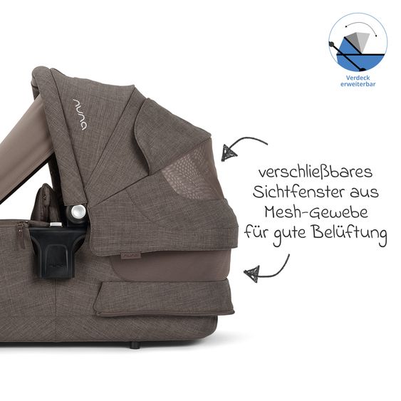 Nuna 2in1 Kombi-Kinderwagen-Set Triv Lx All-in-One-Set bis 22 kg mit Baybwanne, Teleskopschieber, Regenschutz, Adapter, Fußsack & Handschuhe - Chestnut