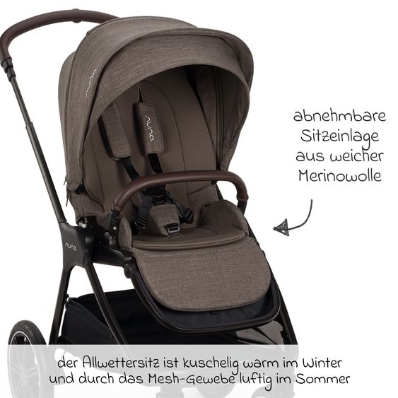 Nuna 2in1 Kombi-Kinderwagen-Set Triv Lx All-in-One-Set bis 22 kg mit Baybwanne, Teleskopschieber, Regenschutz, Adapter, Fußsack & Handschuhe - Chestnut