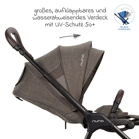 Nuna 2in1 Kombi-Kinderwagen-Set Triv Lx All-in-One-Set bis 22 kg mit Baybwanne, Teleskopschieber, Regenschutz, Adapter, Fußsack & Handschuhe - Chestnut