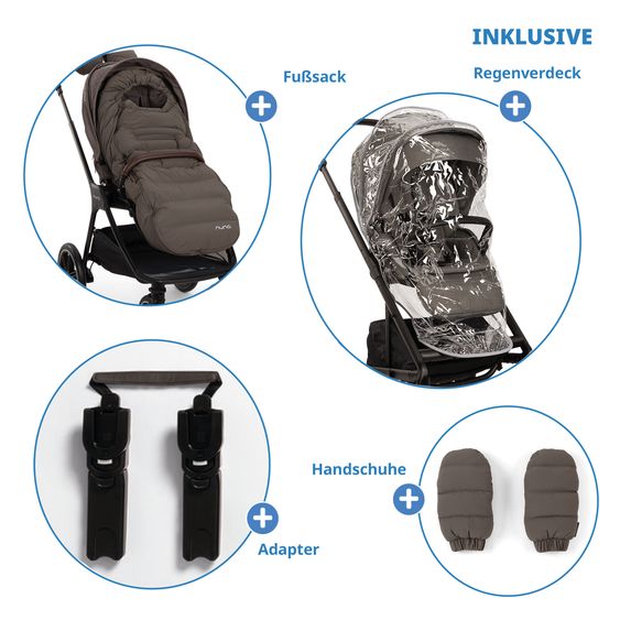 Nuna 2in1 Kombi-Kinderwagen-Set Triv Lx All-in-One-Set bis 22 kg mit Baybwanne, Teleskopschieber, Regenschutz, Adapter, Fußsack & Handschuhe - Chestnut
