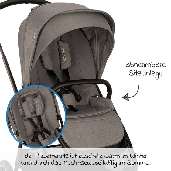 Nuna Set passeggino 2in1 TRIV next fino a 22 kg con navicella, adattatore, parapioggia e animale da gioco - Granito