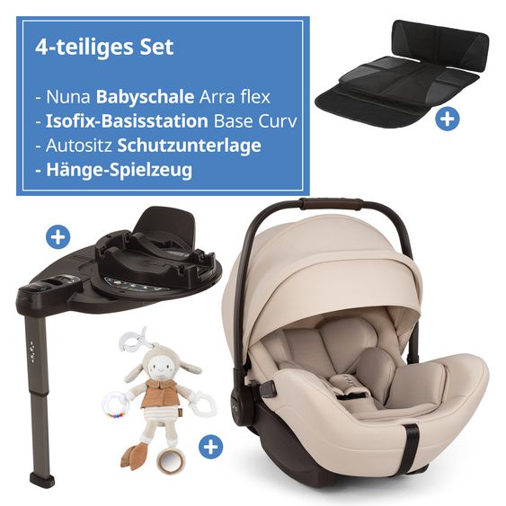 Nuna Babyschale ARRA flex i-Size inkl. Base Curv ab Geburt bis 13 kg (40 cm - 87 cm) Liegeposition 157° , Sitzverkleinerer, Sonnenverdeck, Polsterschutz, Spieltier - Biscotti