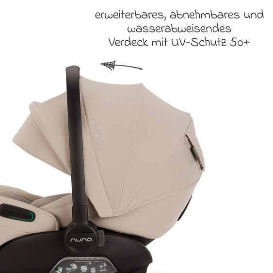 Nuna Babyschale ARRA flex i-Size inkl. Base Curv ab Geburt bis 13 kg (40 cm - 87 cm) Liegeposition 157° , Sitzverkleinerer, Sonnenverdeck, Polsterschutz, Spieltier - Biscotti