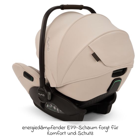 Nuna Babyschale ARRA flex i-Size inkl. Base Curv ab Geburt bis 13 kg (40 cm - 87 cm) Liegeposition 157° , Sitzverkleinerer, Sonnenverdeck, Polsterschutz, Spieltier - Biscotti