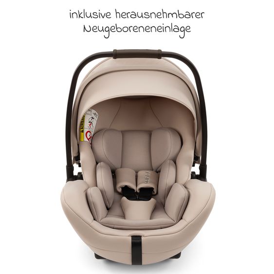 Nuna Babyschale ARRA flex i-Size inkl. Base Curv ab Geburt bis 13 kg (40 cm - 87 cm) Liegeposition 157° , Sitzverkleinerer, Sonnenverdeck, Polsterschutz, Spieltier - Biscotti
