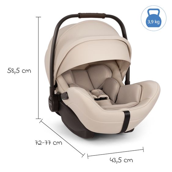 Nuna Babyschale ARRA flex i-Size inkl. Base Curv ab Geburt bis 13 kg (40 cm - 87 cm) Liegeposition 157° , Sitzverkleinerer, Sonnenverdeck, Polsterschutz, Spieltier - Biscotti