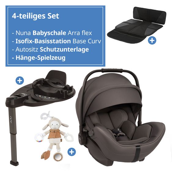Nuna Babyschale ARRA flex i-Size inkl. Base Curv ab Geburt bis 13 kg (40 cm - 87 cm) Liegeposition 157° , Sitzverkleinerer, Sonnenverdeck, Polsterschutz, Spieltier - Thunder