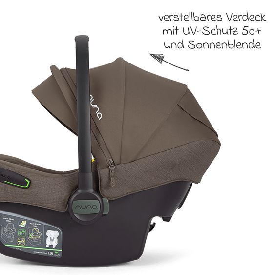 Nuna Seggiolino auto per neonati PIPA next i-Size dalla nascita fino a 13 kg (40 cm - 83 cm) incl. riduttore seduta, tendina parasole con Dream Drape solo 2,8 kg - Castagna