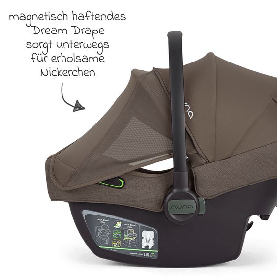 Nuna Seggiolino auto per neonati PIPA next i-Size dalla nascita fino a 13 kg (40 cm - 83 cm) incl. riduttore seduta, tendina parasole con Dream Drape solo 2,8 kg - Castagna