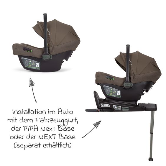 Nuna Seggiolino auto per neonati PIPA next i-Size dalla nascita fino a 13 kg (40 cm - 83 cm) incl. riduttore seduta, tendina parasole con Dream Drape solo 2,8 kg - Castagna