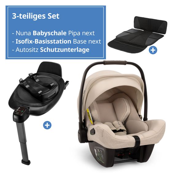 Nuna Babyschale PIPA next i-Size inkl. Base next ab Geburt bis 13 kg (40 cm - 83 cm) inkl. Sitzverkleinerer, Sonnenverdeck mit Dream Drape, Polsterschutz nur 2,8 kg - Biscotti
