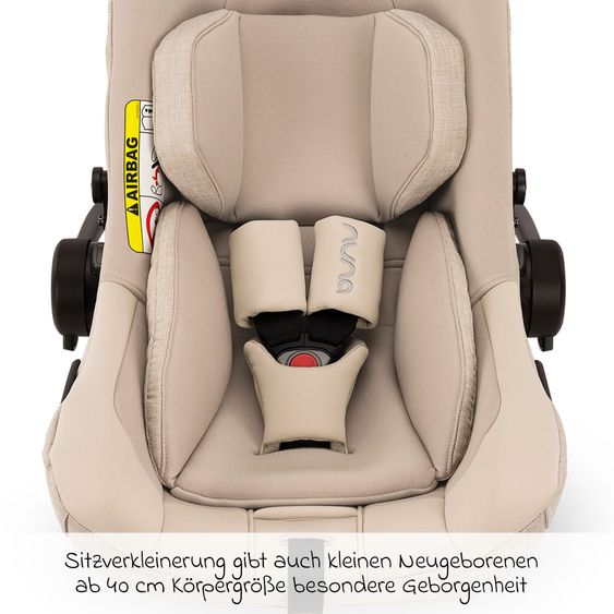 Nuna Babyschale PIPA next i-Size inkl. Base next ab Geburt bis 13 kg (40 cm - 83 cm) inkl. Sitzverkleinerer, Sonnenverdeck mit Dream Drape, Polsterschutz nur 2,8 kg - Biscotti