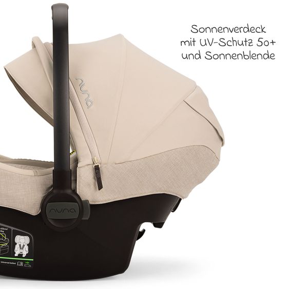 Nuna Babyschale PIPA next i-Size inkl. Base next ab Geburt bis 13 kg (40 cm - 83 cm) inkl. Sitzverkleinerer, Sonnenverdeck mit Dream Drape, Polsterschutz nur 2,8 kg - Biscotti