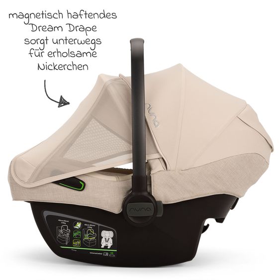 Nuna Babyschale PIPA next i-Size inkl. Base next ab Geburt bis 13 kg (40 cm - 83 cm) inkl. Sitzverkleinerer, Sonnenverdeck mit Dream Drape, Polsterschutz nur 2,8 kg - Biscotti