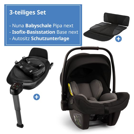 Nuna Babyschale PIPA next i-Size inkl. Base next ab Geburt bis 13 kg (40 cm - 83 cm) inkl. Sitzverkleinerer, Sonnenverdeck mit Dream Drape, Polsterschutz nur 2,8 kg - Caviar